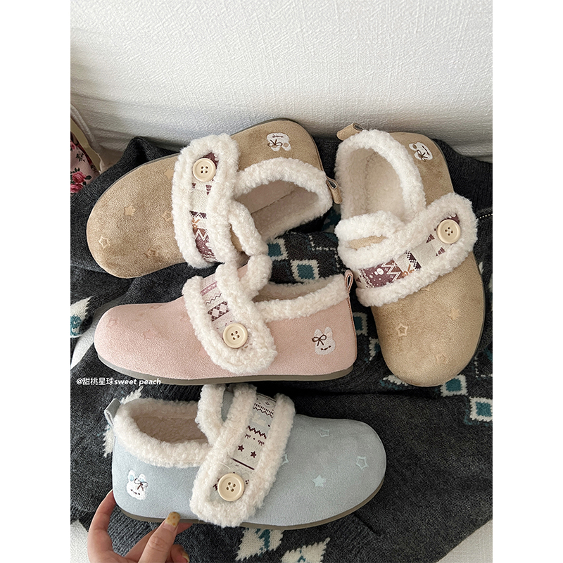 甜桃星球加绒勃肯鞋女冬2025新款厚底半拖鞋毛绒全包毛毛雪地棉鞋