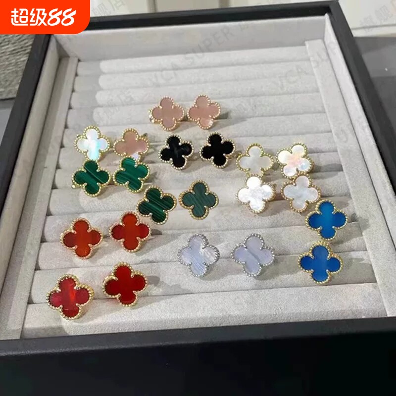 高级感四叶草耳扣纯银镀18k黑玛瑙红玉髓耳环耳钉耳拍紫玉髓黄金