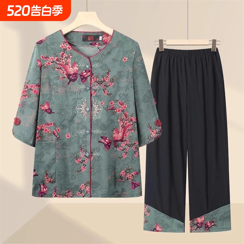 老年人夏装女奶奶夏天短袖套装60岁70妈妈衬衫老人衣服老太太新款