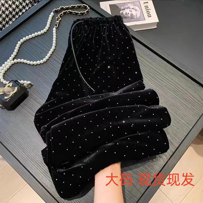 2025春秋季黑色金丝绒满天星烫钻阔腿裤女大码宽松垂感直筒裤长裤