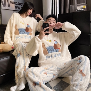 新款腊肠狗秋冬季情侣睡衣女款珊瑚绒加绒加厚卡通可爱家居服套装