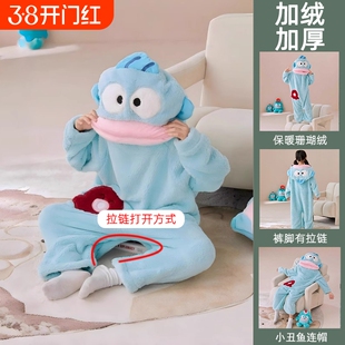 丑鱼睡衣连体珊瑚绒女款2025冬季加厚男卡通儿童睡袍家居服可外穿