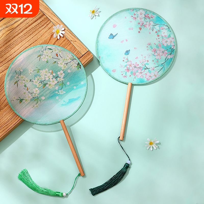 团扇古风扇子儿童夏半透长柄流苏舞蹈扇女古装汉服旗袍丝质小圆扇