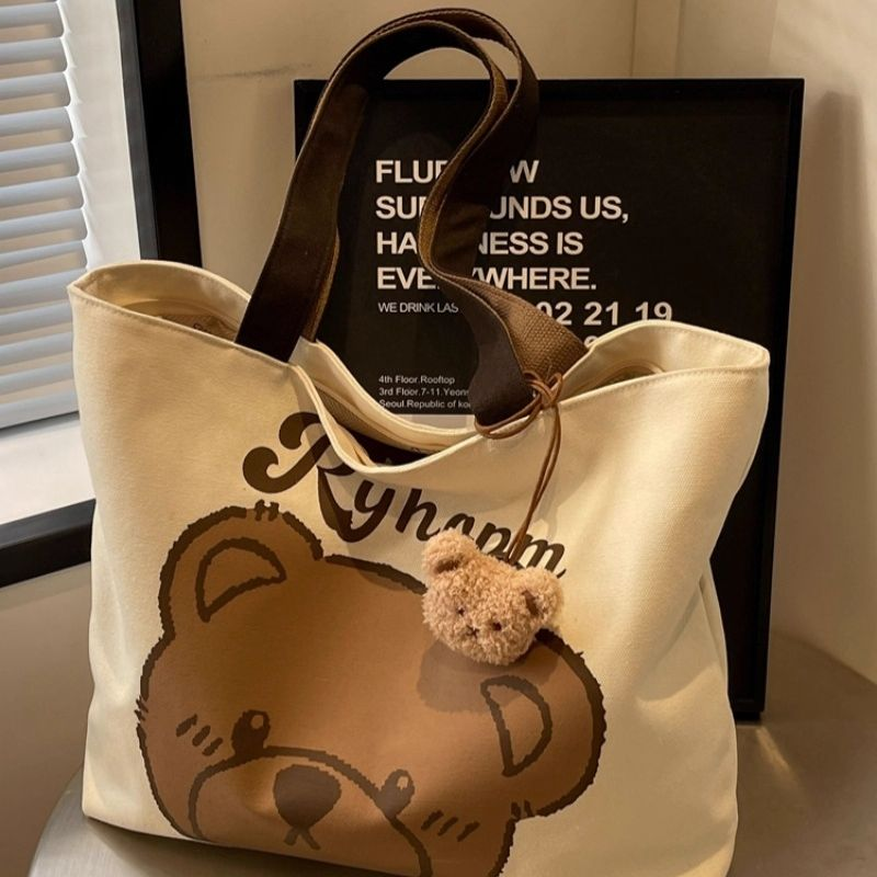 大容量包包女夏新款卡通小熊帆布包大学生上课通勤单肩托特包手提