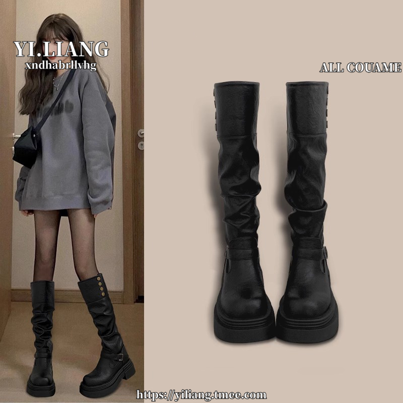 黑色高筒靴子秋冬厚底长筒靴女2024新款加绒增高小个子粗腿骑士靴