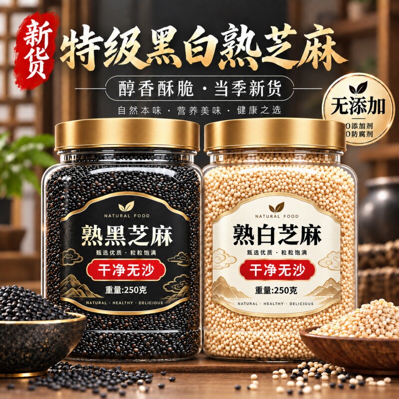 熟黑芝麻熟白芝麻250g五谷杂粮农家自产特产即食新货黑白熟芝麻图片