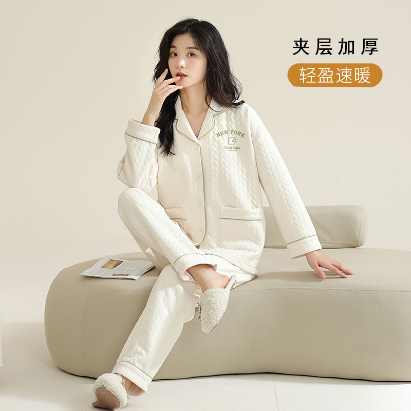 秋冬三层空气棉睡衣女加厚100纯棉家居服夹棉套装可外穿开衫上衣