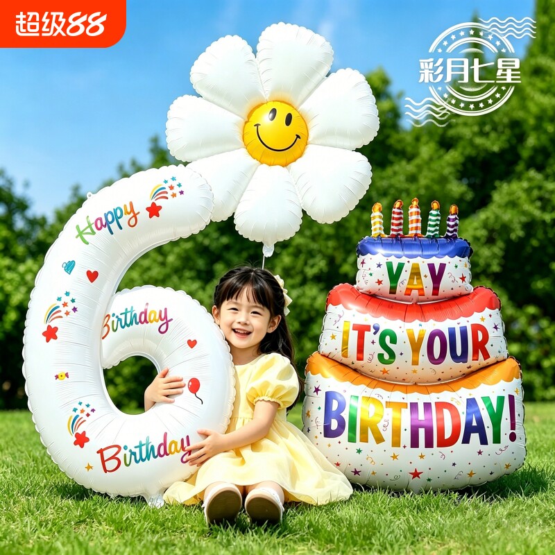 数字气球铝膜彩色三层生日蛋糕儿童生日派对装饰布置拍照室内充气图片