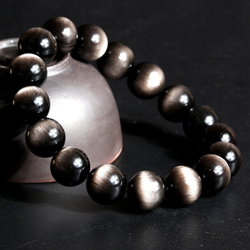 7a珍藏级银曜石水晶手链男女财富手串黑曜石手饰虎眼石猫眼石