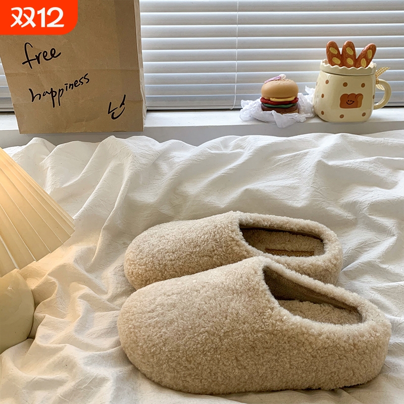 加绒保暖厚底增高毛毛半拖鞋女2025秋季新款松糕百搭外穿包头棉拖