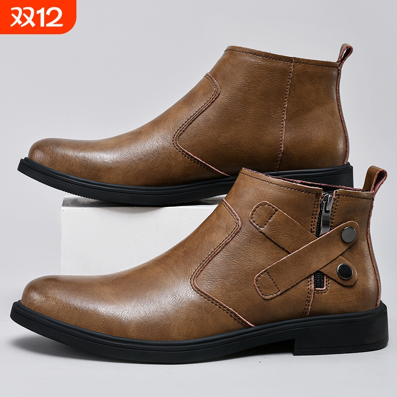 大码加绒保暖棉鞋48码47码皮鞋切尔西男鞋中帮百搭真皮英伦风潮