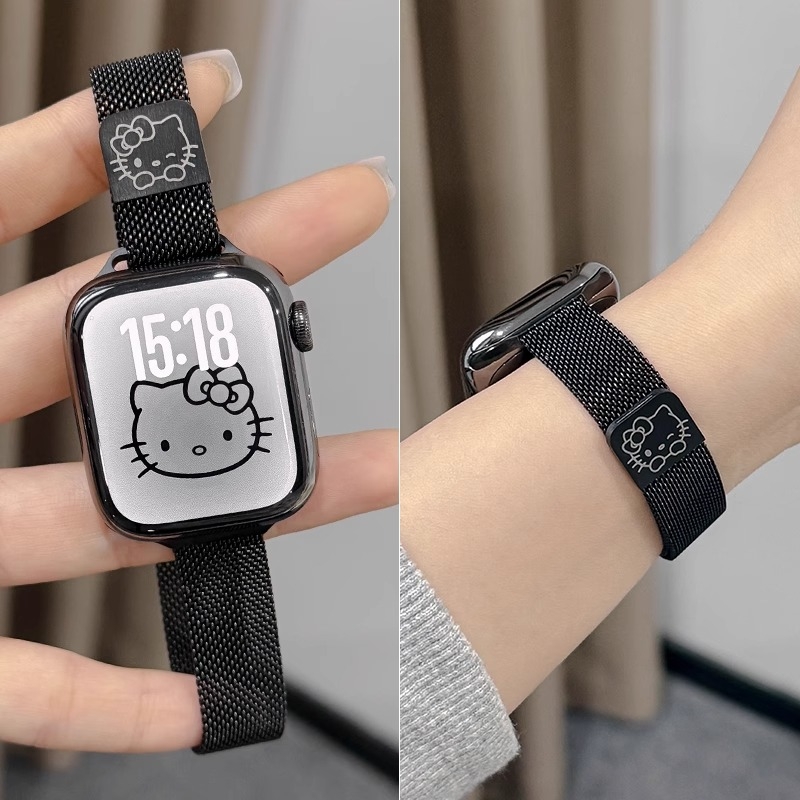 新款适用于iWatch10简约米兰尼斯磁吸表带S9星光色细款applewatch8苹果手表7代金属表带可爱KT猫se夏天透气女