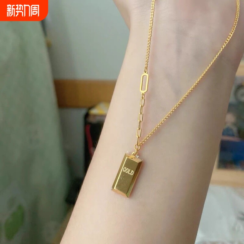金砖小众轻奢暴富高级感AB链爆款项链女金条颈链不掉色吊坠钛钢
