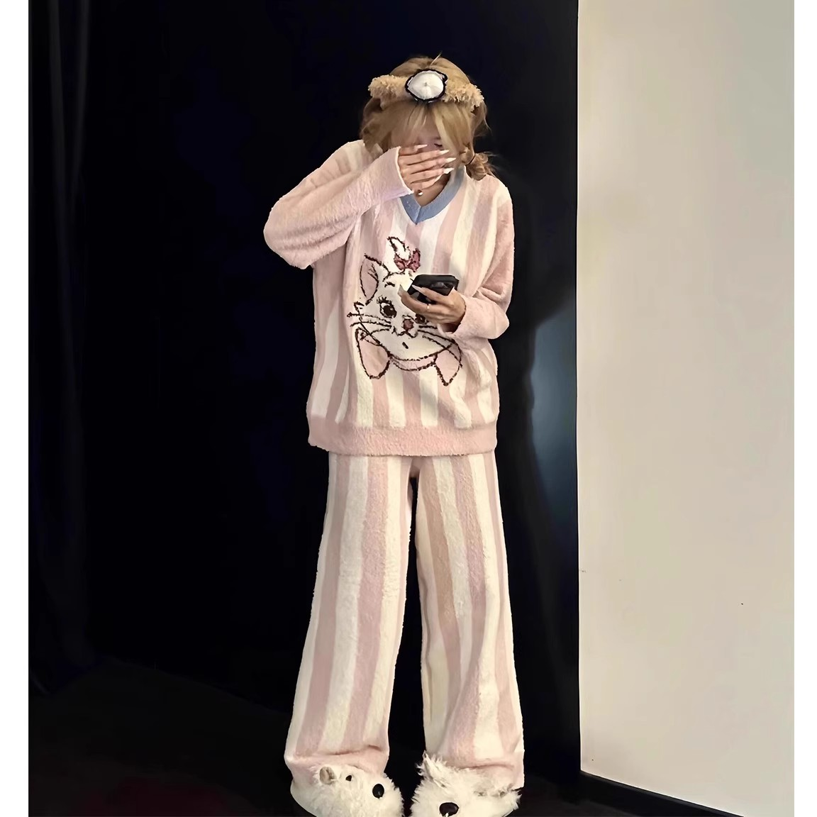 新款半边绒保暖睡衣女