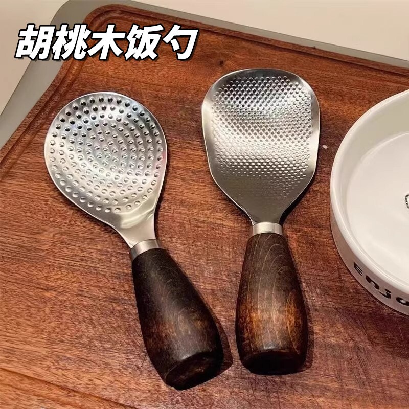 抗菌304不锈钢饭勺胡桃木勺子图片