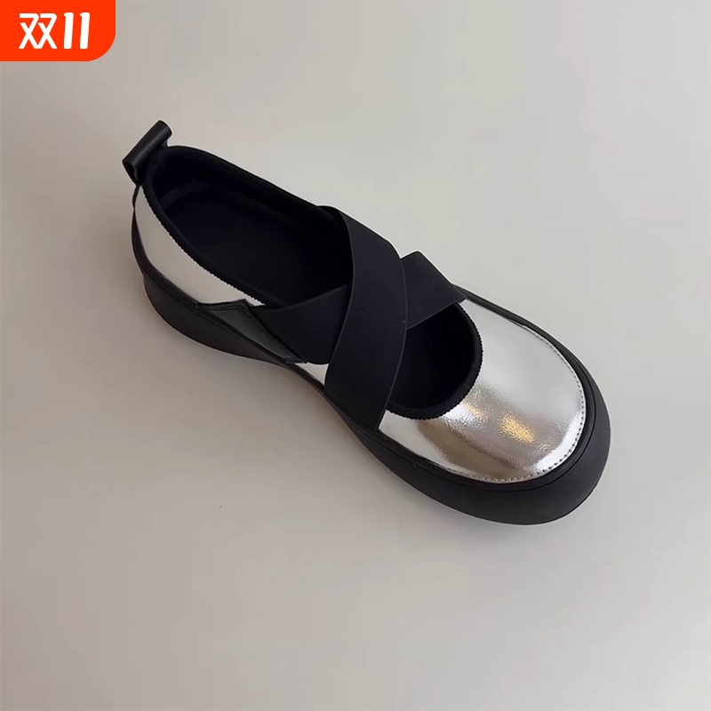 2025秋季厚底运动交叉带玛丽珍小皮鞋圆头芭蕾舞鞋女浅口复古单鞋