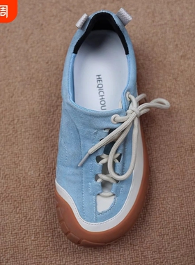 蓝色多巴胺小众设计休闲鞋女平跟软底圆头系带深口百搭女鞋乐福鞋