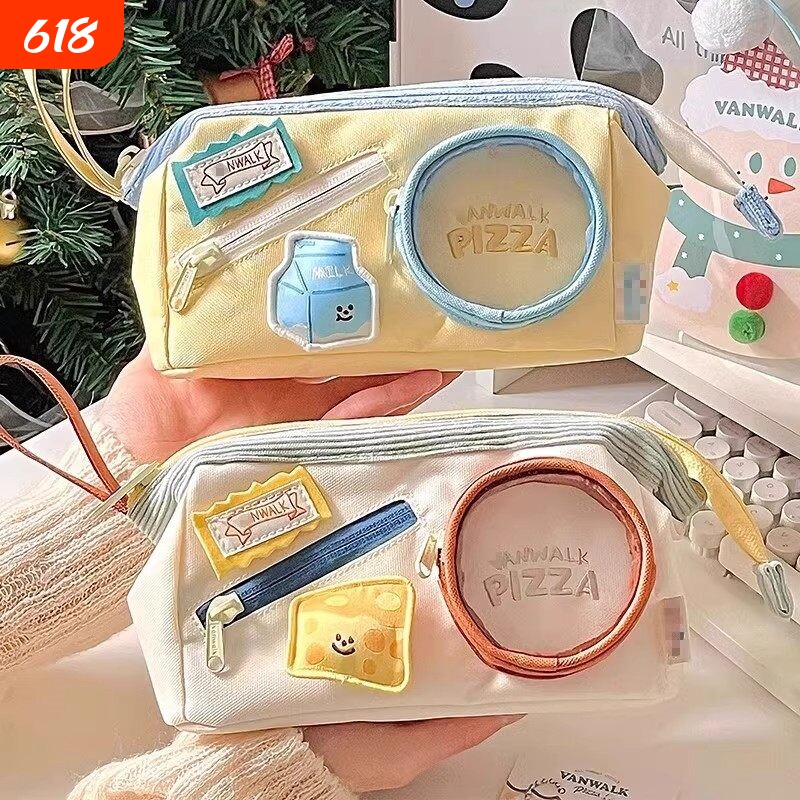 可爱撞色拼接笔袋大容量高颜值小初中女学生痛包文具盒食物铅笔袋