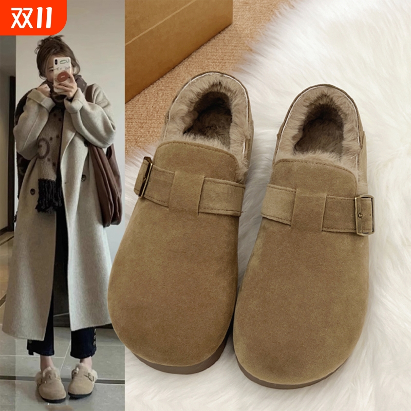 加绒全包勃肯鞋女冬款2025新款一脚蹬复古毛毛棉鞋加厚保暖雪地靴