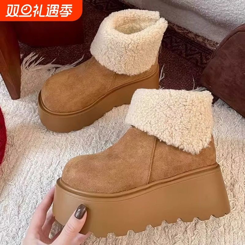 厚底时尚百搭雪地靴女2025冬季新款加绒加厚保暖棉鞋防水高跟毛绒