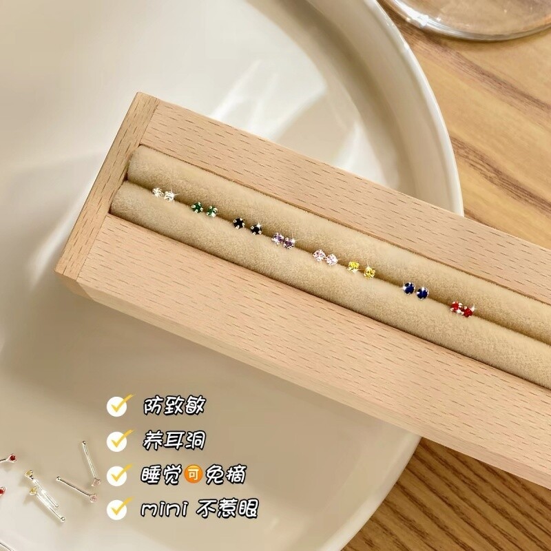 养耳洞S925纯银不褪色mimi彩色锆石耳钉韩版简约睡觉免摘