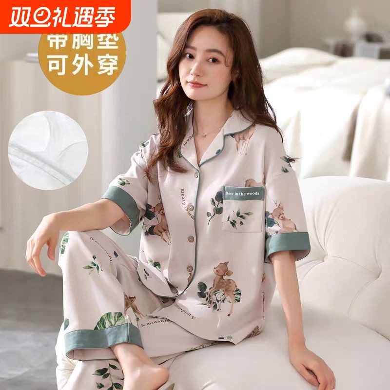 带胸垫睡衣女士夏季纯棉短袖长裤开衫套装2025新款家居服大码薄款