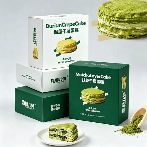 森鲜几何三层榴莲千层稀奶油下午茶甜品盒子糕点抹茶蛋糕冷冻储存