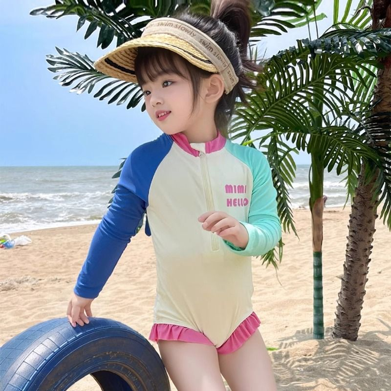 女童泳衣夏装女孩多巴胺海边连体泳装度假公主儿童长袖防晒游泳衣