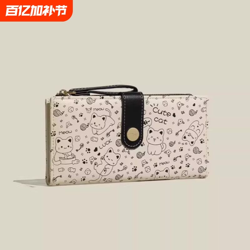 新款日式可爱小猫女生钱包长款甜妹卡包拉链零钱包女士时尚手拿包