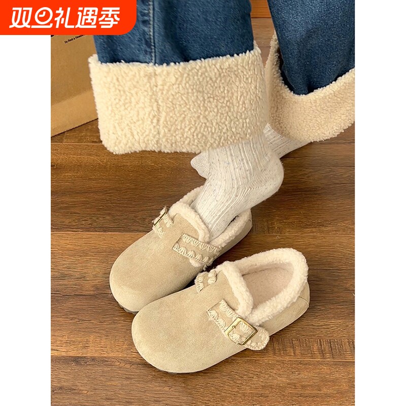 白色加绒加厚保暖平底棉鞋女2025新款冬季一脚蹬软底勃肯鞋子毛绒