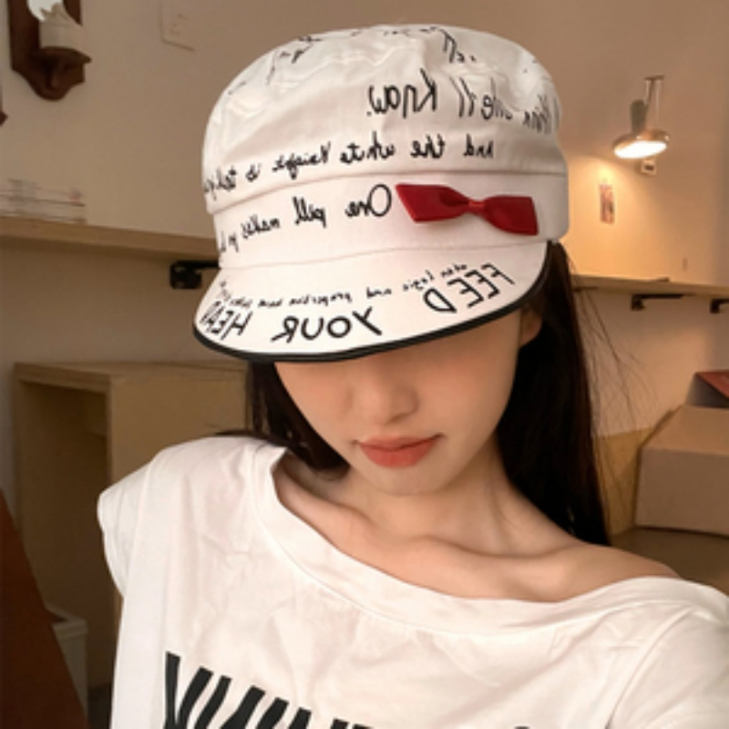 蝴蝶结y2k鸭舌帽女2025新款报童帽子显脸小贝雷帽平顶八角