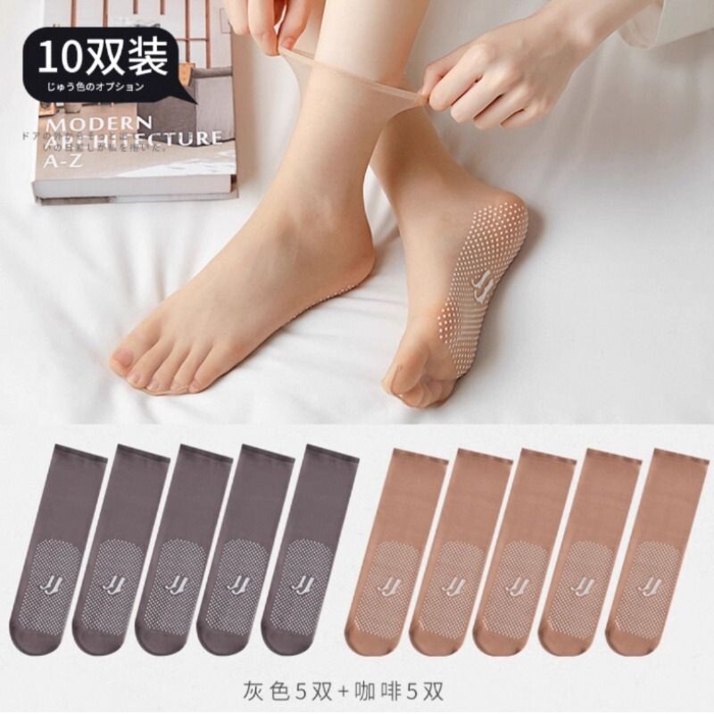 夏季丝袜袜子女短袜薄款水晶丝点胶防滑中筒袜女士防勾丝透明女袜