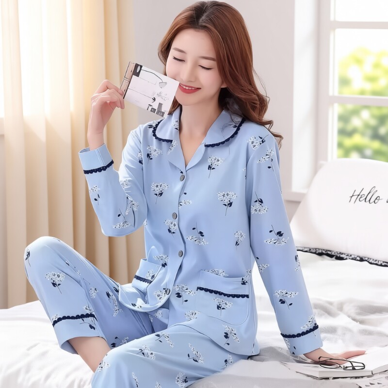 2026年休闲新款睡衣女士春秋季带胸垫家居服大码纯棉套装可爱粉色