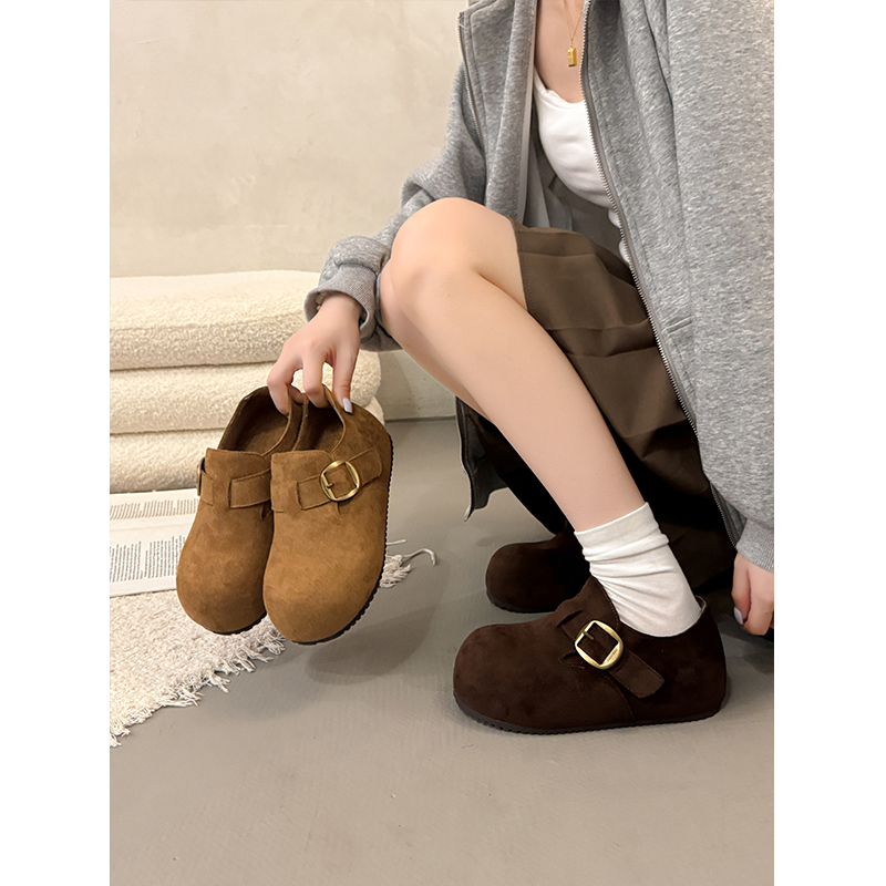 小个子内增高全包勃肯鞋女2025秋冬加绒厚底一脚蹬乐福鞋博肯鞋子