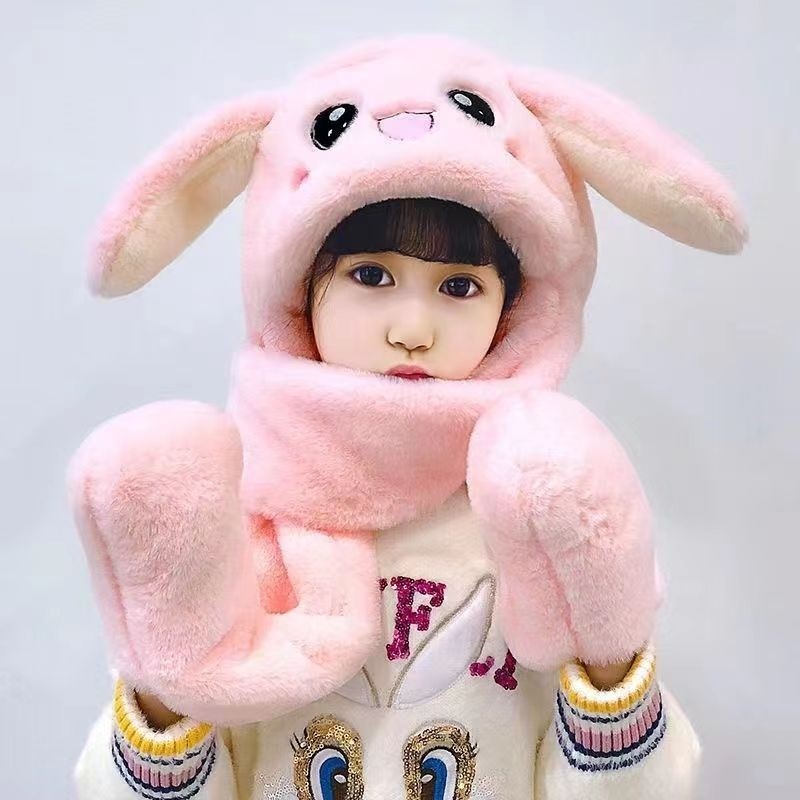 儿童帽子围巾一体秋冬季男童女童围脖宝宝毛绒保暖可爱会动兔耳朵
