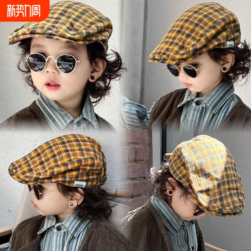 中童格子前进帽子儿童春秋季新款日系复古洋气个性百搭画家贝雷帽