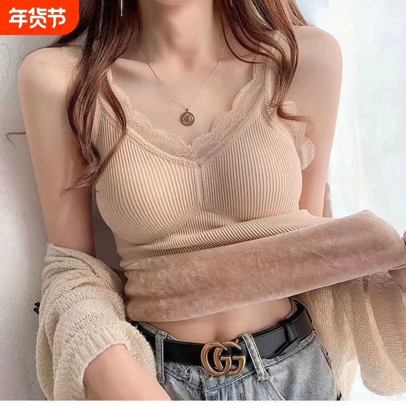 保暖加厚加绒背心女秋冬带胸垫蕾丝V领内搭吊带打底衫女上衣文胸,女士内衣/男士内衣/家居服,保暖背心,淘宝优惠券,粉丝福利购,淘宝优惠卷