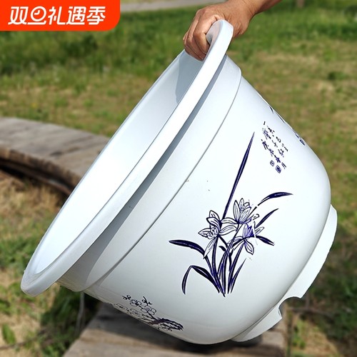 超大花盆圆形加厚耐用仿陶瓷无孔果树睡莲塑料盆带托盘养花底部