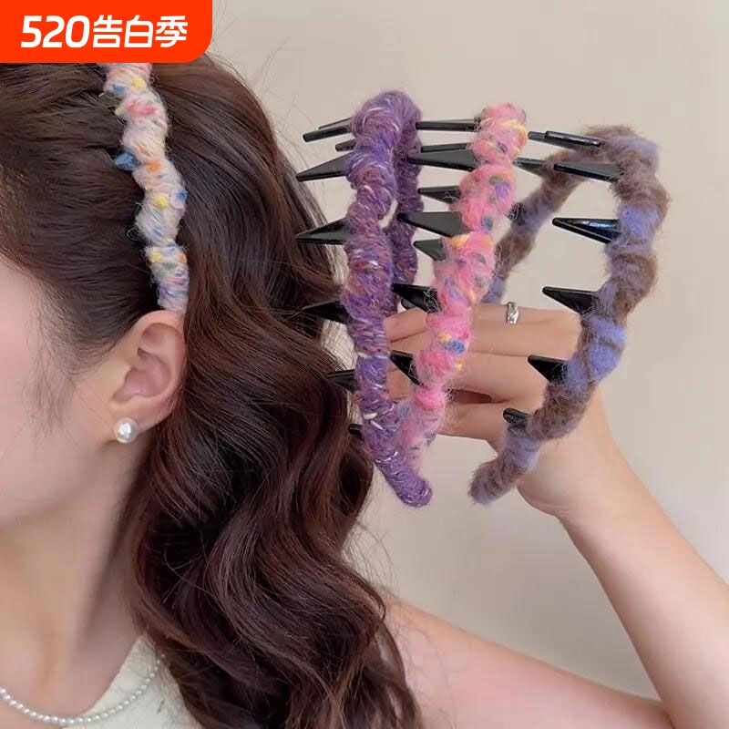 彩色毛线波浪发箍女蓬松发量高颅顶头箍秋冬洗脸带齿防滑压发发捆