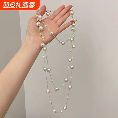 法式高级感奶白色仿珍珠项链秋冬新款多圈轻奢叠戴长款设计毛衣链