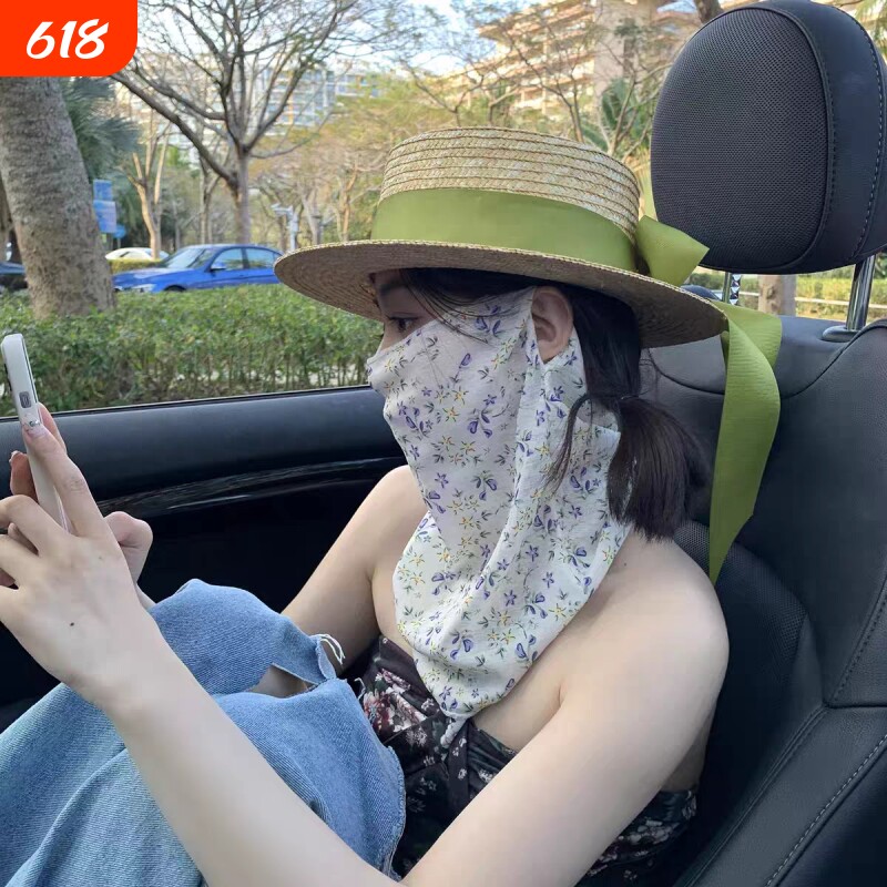 夏防晒面罩女全脸防紫外线薄款遮脸面纱口罩挂耳碎花护颈脸罩脖套