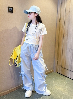 女童夏套装2026新款酷飒风儿童女孩蓝色工装裤女大童洋气夏装短袖