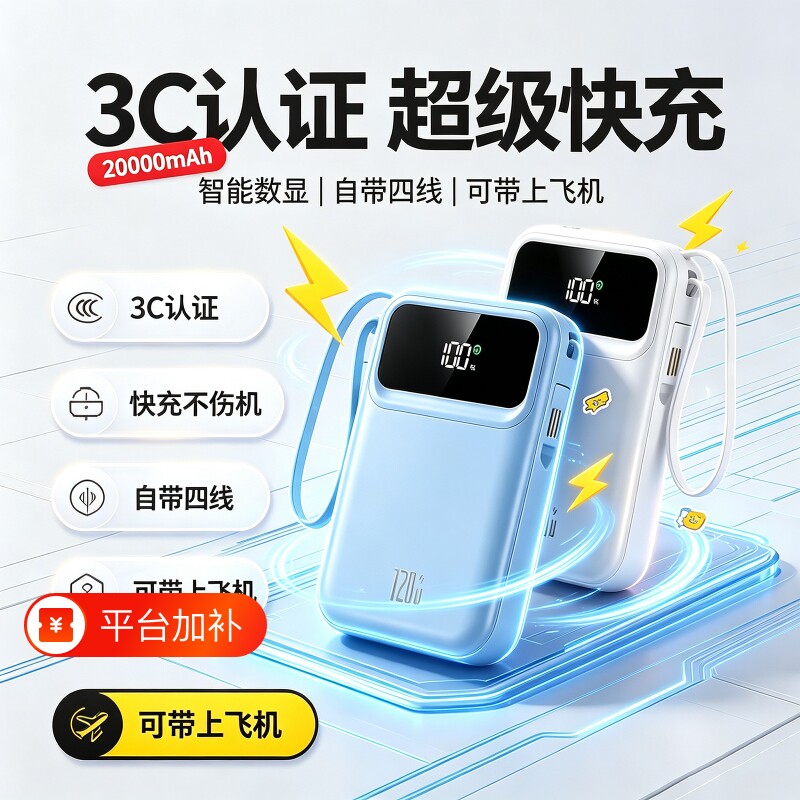 充电宝20000毫安3C认证可上飞机超级快充大容量新款超薄小巧便携自带线费尔班正品适用手机通用移动电源闪充