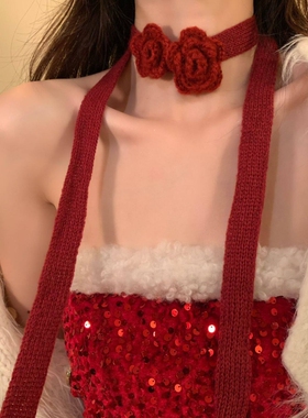 红色针织花朵毛绒长项链圣诞节氛围感女围脖毛衣颈带配饰新款