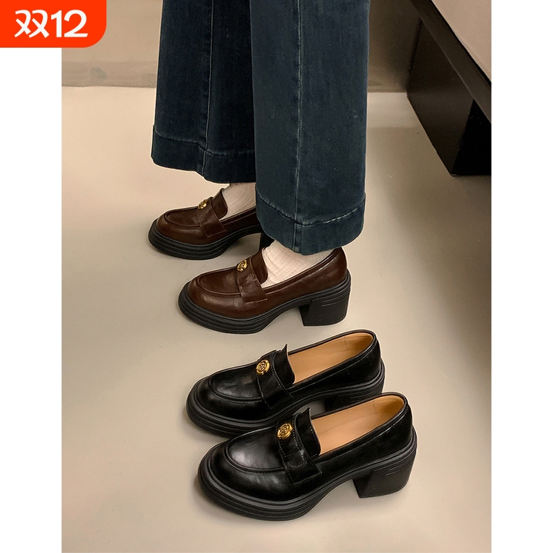 小香风粗跟小皮鞋女春季乐福鞋厚底OL高跟单鞋子黑色圆头不累脚