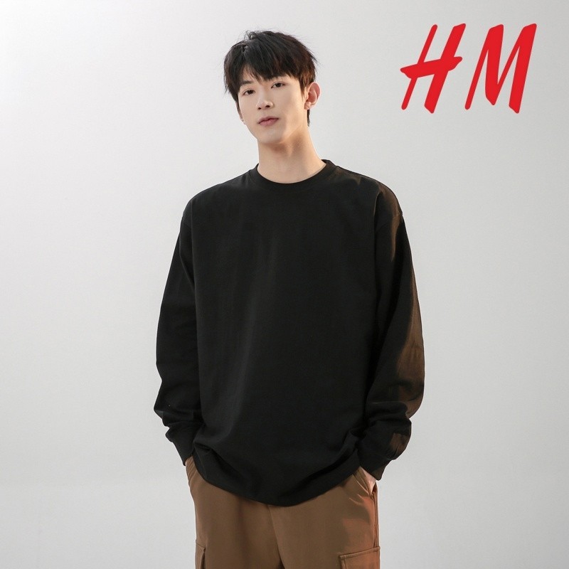 HM长袖t恤重磅纯棉260g男宽松春秋卫衣圆领白色内搭打底衫男上衣,运动服/休闲服装,运动T恤,淘宝优惠券,粉丝福利购,淘宝优惠卷
