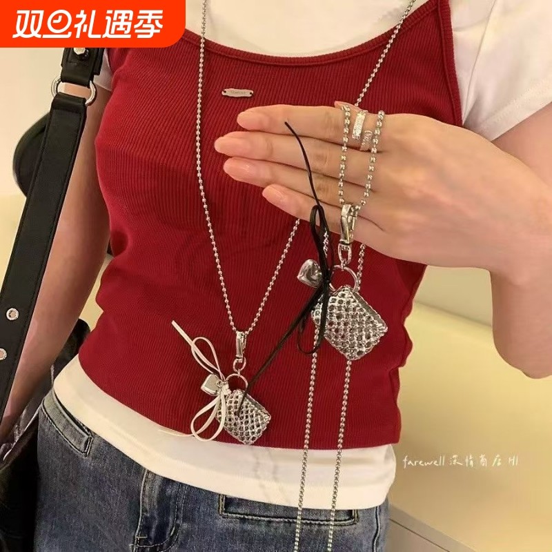 个性编织爱心丝带包包项链女韩国长款银色小众斜挎卫衣毛衣链配饰