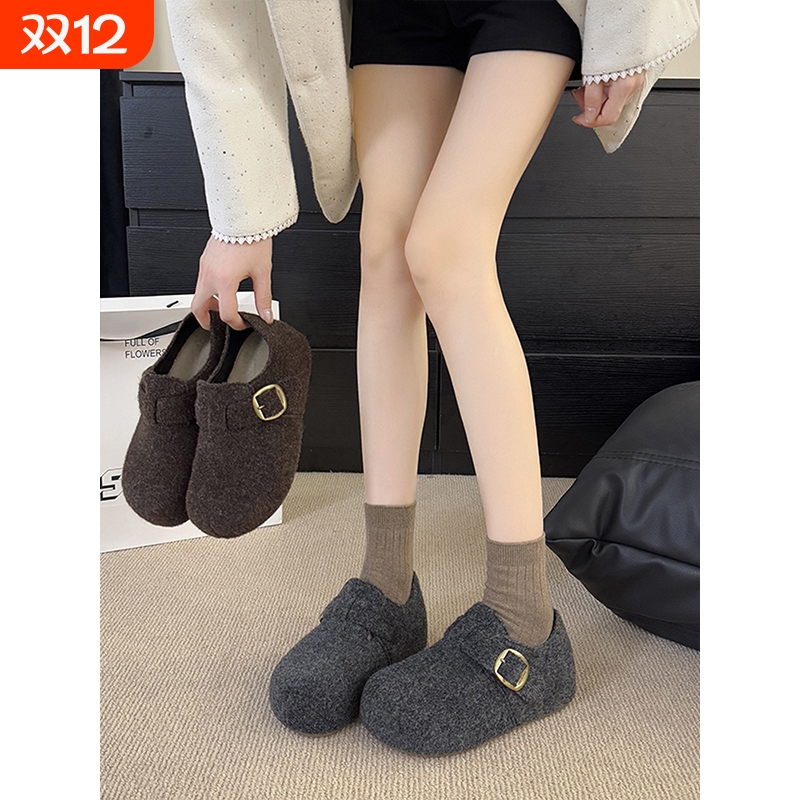 厚底增高灰色勃肯鞋加绒女2025秋冬新款毛呢鞋保暖博肯棉鞋鞋子