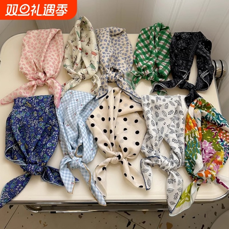 棉麻文艺方巾复古波点领巾装饰头巾碎花ins腰花布丁印花小方春秋