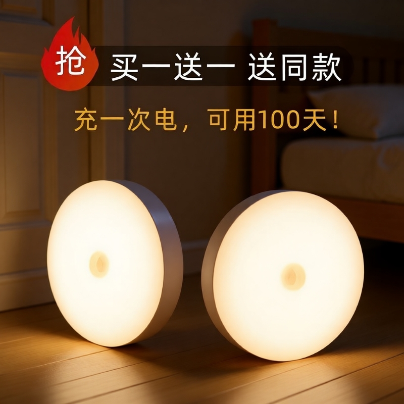 人体自动感应小夜灯人来即亮夜间楼道壁灯起入户2024新款充电卧室